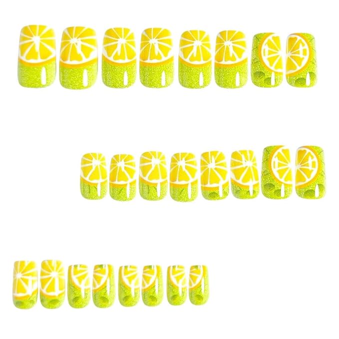 Square Press on Nails Medium - Green Fake Nails with Leaf Fruit Pattern Design - Summer Full Cover Stick on Nails - for Women 24 Pcs