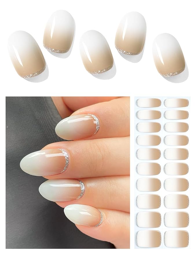 Semi Cured Gel Nail Strips (Nude Ombre), Gold Glitter, 20 Pcs Gel Nail Wraps, Stickers, UV Light Required, Salon Quality, Long Lasting