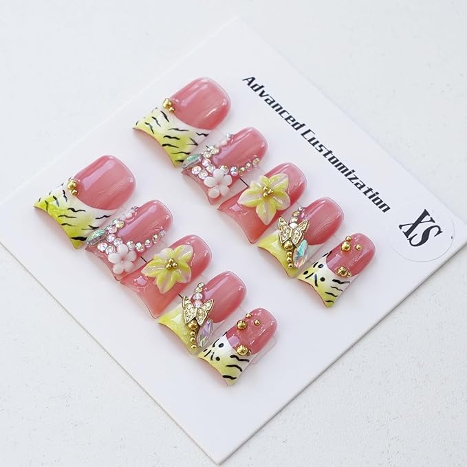 10pcs Handmade Press on Nails for Women - Medium Duck Curve 3D Thick Acrylic Fake Nails Reusable,Designer Floral Butterfly Rhinestones Bling Boho Funky Y2k Nail-art Set,S,neon