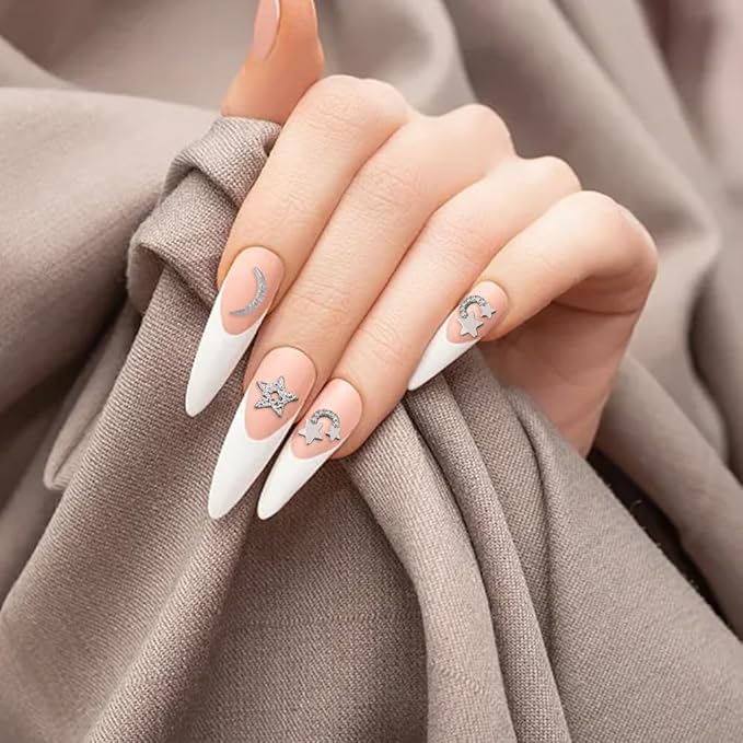 120Pcs 6 Style Alloy Rhinestone Cabochons Platinum/Light Gold Nail Art Decoration Accessories Stars Moon Nail Rhinestones 3D Nail Art Charms for Beautifulr Nail Art Making
