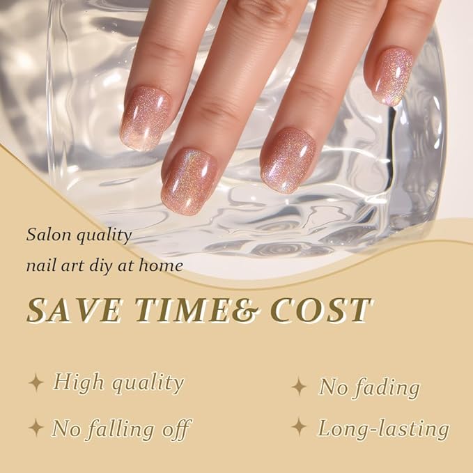 Cat Eye Pink Glitter Press On Nails Short Square, Designer Reusable Acrylic Fake Nails with Glue, Glossy Soft Gel Nails Wedding and Party, Stick On Glue On Nail, Nails Press Ons for Women