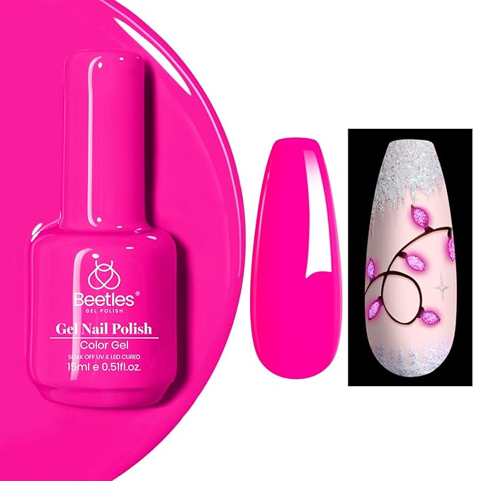 Beetles Hot Pink Gel Nail Polish - Luminous Pink Gel Polish 15ml Glow in the Dark Pink Easter Soak Off Uv LED Nail Lamp Nail Art Manicure Salon DIY Home Gift for Women Girls