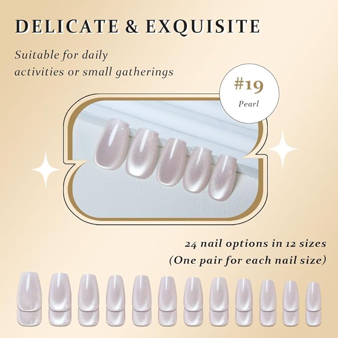 evpct Pearl White Nude Cat Eye Coffin Press on Nails Square Medium, Stick on Nail Medium Square for Women Gift, Pearl Metallic Glitter Glossy Reusable Soft Gel Press on Acrylic Fake Nail with Designs