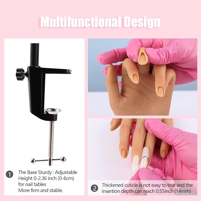 Silicone Practice Hand for Acrylic Nails, Mannequin Hands for Nails Practice with Adjustable Bracket, Life Size Fake Hand for DIY Nails/Nail Art Beginners/Nail Salon Artists