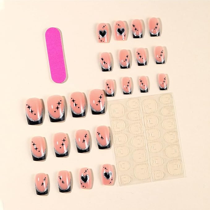 French Tip Press on Nails Short Square Valentines Fake Nails Heart Press ons Black Nails Tips Glue on Nails Glossy Full Cover Designs Stick on Nails Acrylic False Nails for Women Girls 24Pcs