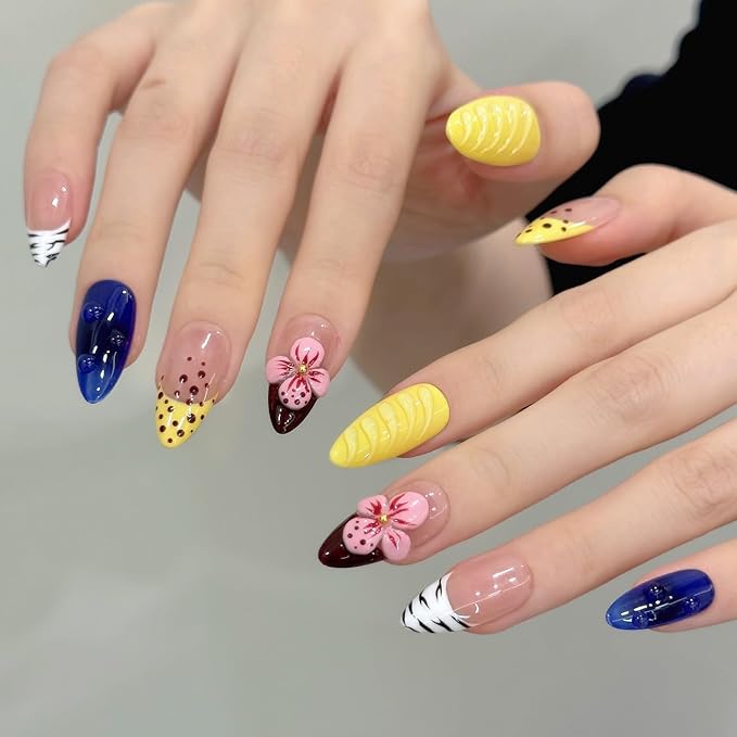 handmade nails press on Salon Quality yellow blue pink flower Reusable almond hand-painted gentle elegant acrylic 3D fake nails designed kit,10 Nails, Size M #2977
