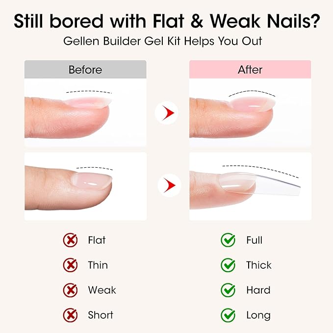 GELLEN Builder Gel for Nails - 4 Colors Red Black Pink Milky Jelly White Nail Extension 10 In 1 Hard Gel Sculpting Apex Building Salon at Home for Beginner & Professional, UV & LED Lamp Cured