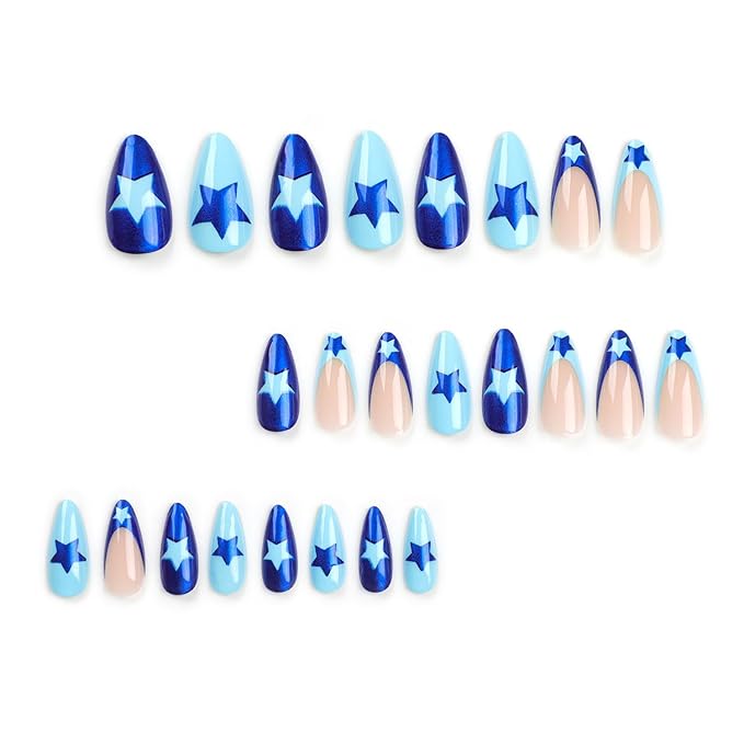 Press On Nails Medium Almond ABS Plastic False Nails 24Pcs, French Tip, Stars Pattern, Glossy Finish, Full Cover, Y2K Style, 24 Fl Oz (Pack of 1)