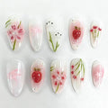 30Pcs Cute Press on Nails Medium Almond Fake Nails 3D Pearl Design Pink Flower Glue on Nails Easter Acrylic Nails Bunny False Nails Star Strawberry Bow Artificial Stick on Nails for Women Manicure