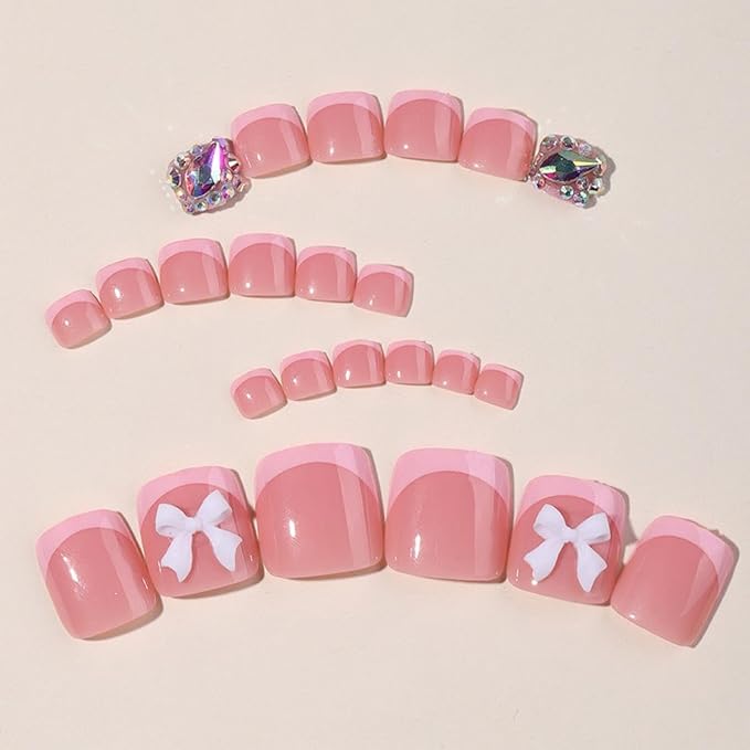 Pink French Tip Press On Toenails Short Square Fake Toes with 3D Bow Charms Design Rhinestone Glue on Toe Nails Shiny Bling Summer False Toenails Reusable for Women Girls Foot Manicure 24pcs
