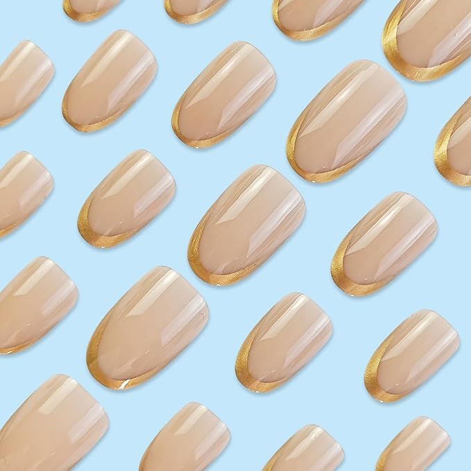 French Tip Press on Nails Short Almond MABKJLF Fake Nails False Nails with Gold Tips Designs Natural Nails Glossy Glue on Nails Full Cover Acrylic Nails for Women Girls 24 Pcs