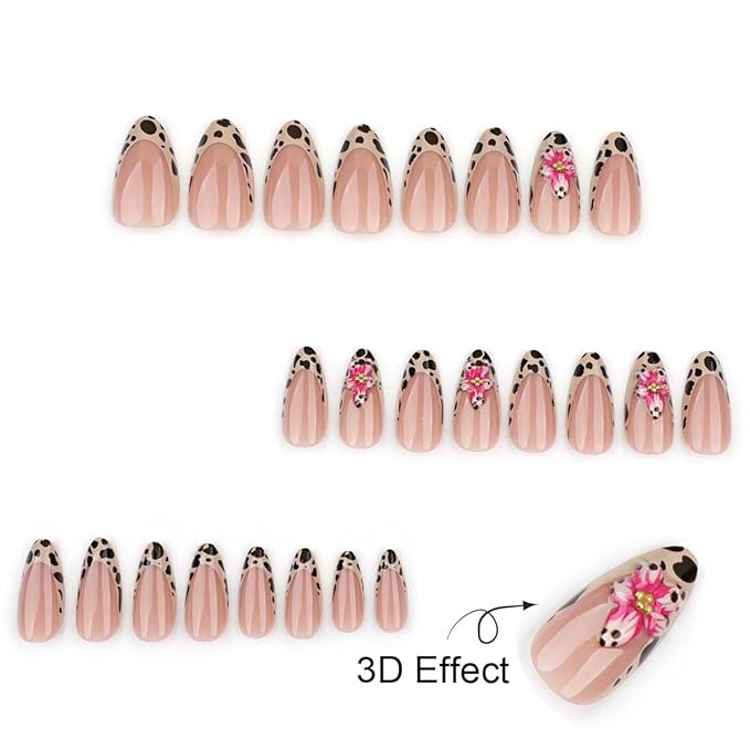 Leopard French Press on Nails Medium Almond Fake Nails Pink Flower Nail Press ons with Gold Pearls Design Reusable Acrylic Nails Glossy Full Cover Glue on Nail Stick on Nails for Women Manicure 24 Pcs