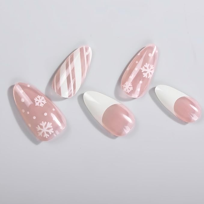 20pcs Christmas Semi Cured Gel Nail Strips - Salon-Grade DIY Wraps with Glaze Texture, Easy Application, UV Light Required for Festive Nails(Pink White Snowflake Winter)
