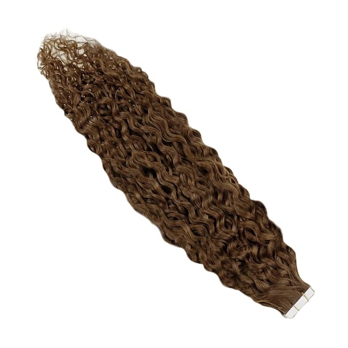 RUNATURE Curly Tape ins Human Hair Extensions 14 Inch Medium Borwn Tape in Hair Extensions Human Hair Curly Skin Weft Curly Hair Tape in Extensions for Women Natural Wave Double Sided 50g 20pcs