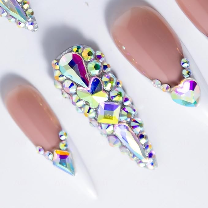 10 Pieces Handmade Long Almond Press On Nails, White Thickened French False Nails With Rhinestone Decorate, Reusable Fake Nails Almond, Reusable Acrylic Nails (L)