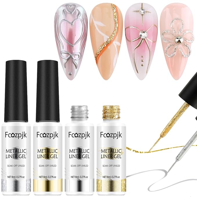 Gold And Silver Gel Nail Polish 4PCS Metallic Liner Nail Art Polish Mirror Chrome Effect Metal Paint French Tips Wave Flower Dotting Drawing Nail Polish With Thin Brush