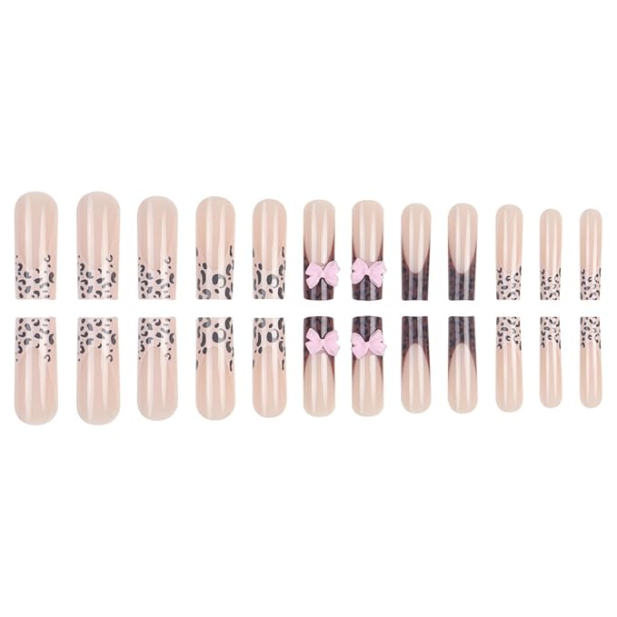 Long Square Press on Nails Fake Nails Artificial Nail Stick on Nail for Women Black White Leopard Print with Cute Pastel Pink Bow Knots Design