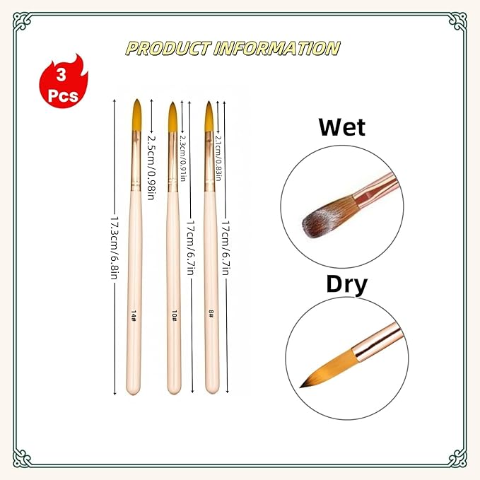 3Pcs Acrylic Nail Brush Set - Sizes (8/10/14) Acrylic Brushes for Nails Art, Acrylics Powder Nails Art Extension Brushes with Pink Sturdy Handle Manicure Tools Extension Carving for Home Salon ﻿