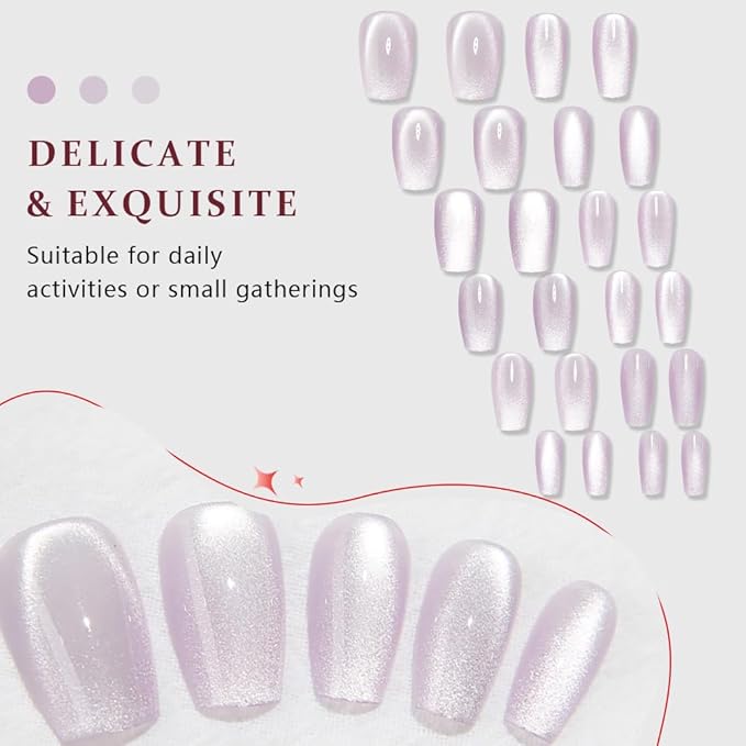 evpct Cat Eye Coffin Press on Nails Square Medium, Medium Square Stick on Nails for Women Gift, Light Lavender Purple Metallic Glitter Glossy Reusable Spring Summer Gel Press on Fake Nail with Designs