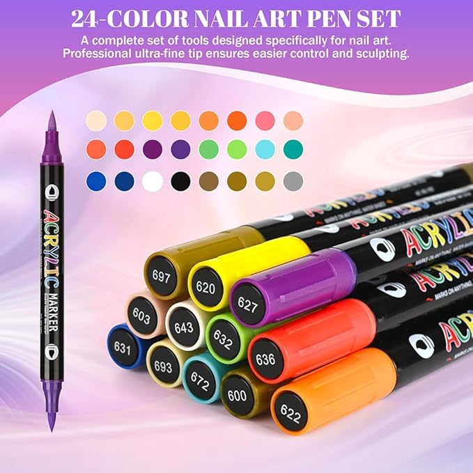 12PCS Nail Art Pen Set, 24 Colors Double-Ended Matte Finish Nail Markers for Women, Quick-Dry Nail Design Kit for DIY Home Salon & Beginners