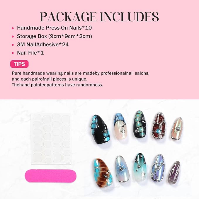 Gradient Press on Nails Handmade Press on Nails Punk Rock Gothic Cool Designs Stars Fake Nails Full Cover French False Nails Medium Almond 3D Silver Steel Ball False Nails for Women (Size M)