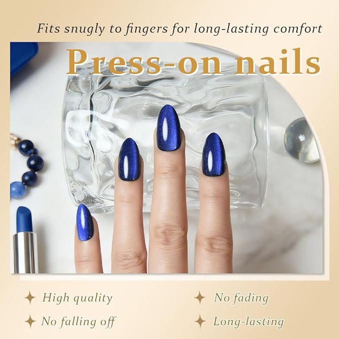 evpct Dark Blue Press on Nails Almond Short, Royal Blue Cat Eye Glitter Press on Nails for Women Gift, Soft Gel Press Stick on Nail with Nail Kit, Full Cover, 30Pcs Reusable Acrylic Fake Nails Kit