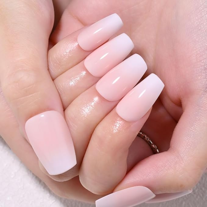 Light Nude Ombre Glossy Press on Nails Coffin Acrylic Fake Nails Stylish Design, Not Pixelated Like Digital Printing, Natural Reusable Nails Kit for Women False Nail, Salon Quality Reusable