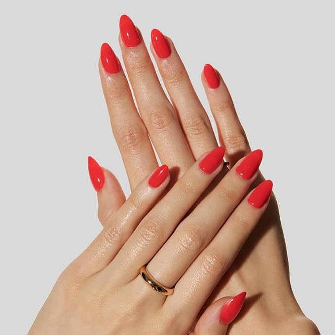 LAMIMOSA 32Pcs Bright Red Press On Nails Short Almond – Solid Color Fake Nails in 16 Sizes, Soft Gel Glue on Nails Kit, RED CHILLI