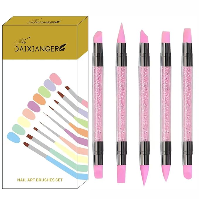 5Pcs Double-Ended Silicone Nail Art Brushes, Dual-Tip Dotting & Sculpting Tools for Gel Polish, 3D Nail Art, Embossing & Manicure Clean Up-Pink