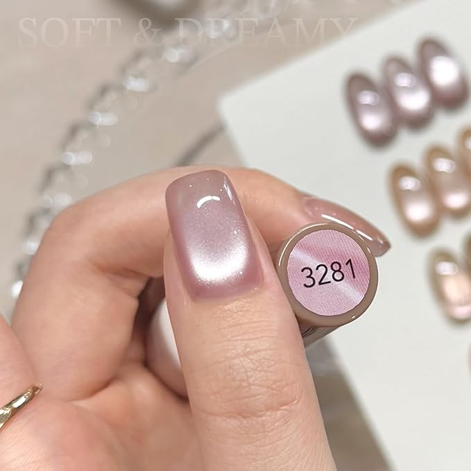 GAOY Peach Blossom Cat Eye Gel Polish, Sheer Nude Pink Base with Glass Bead Holography, Magnetic DIY Nail Kit Salon Quality at Home