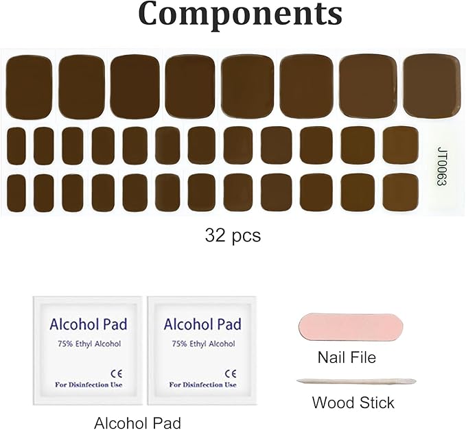 32 Pcs Semi Cured Gel Toe Nail Strips Dark Brown Gel Nail Stickers Full Cover Nails Wraps Self Adhesive Toe Nails Polish Strips Stickers for Women UV/LED Light Required