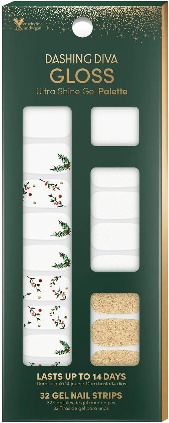 Dashing Diva Gloss Nail Strips - Mistletoe Kiss | UV Free, Chip Resistant, Long Lasting Gel Nail Stickers | Contains 32 Nail Wraps, 1 Prep Pad, 1 Nail File