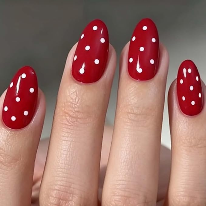 Red Press on Nails Short Almond Fake Nails Cute Nails Press ons with Polka Dot Design,Reusable Artificial Nail Full Cover Stick on Nails for Women Manicure 24Pcs