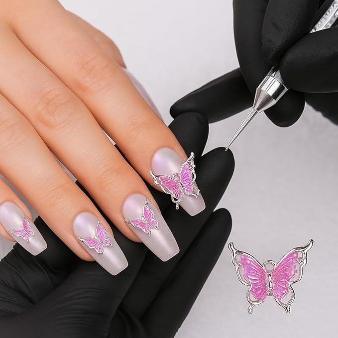 Bling Nail Charms Pink 3D Nail Charms and Gems Aurora Butterfly Cute Silver Cross Star Charms Chrome Heart Silver Y2K Nail Gems with Rhinestones Metallic Nail Art Accessories