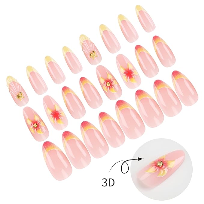 French Tip Fake Nails Medium Almond Press on Nails Flower Nails Press Ons with Rhinestones Design Glossy False Nails Pink Yellow Glue on Nail Gradient Stick on Nail for Women 24Pcs
