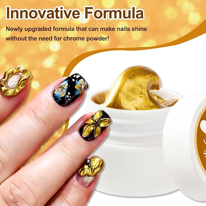3D Gel Nail Art Kit-Gold Silver Metallic Solid Builder Gel Non-Sticky Hand Sculpting Gels with Silicone Pen for Nail Design Flower Carving Modeling Design