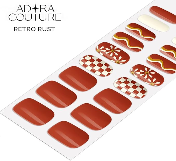 Semi Cured Gel Nail Strips with 30 Pieces - UV Gel Stickers, Manicure Kit, Easy Application Wraps Includes Prep Pads, Nail File, Wooden Stick - UV Light Required (Retro Rust)