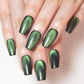 evpct Emerald Green Cat Eye Coffin Press on Nails Square Medium, Medium Square Stick on Nail for Women Gift, Green Metallic Glitter Glossy Reusable Soft Gel Press on Acrylic Fake Nail with Designs