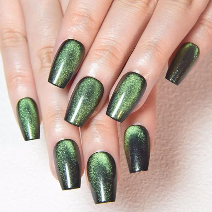 evpct Emerald Green Cat Eye Coffin Press on Nails Square Medium, Medium Square Stick on Nail for Women Gift, Green Metallic Glitter Glossy Reusable Soft Gel Press on Acrylic Fake Nail with Designs
