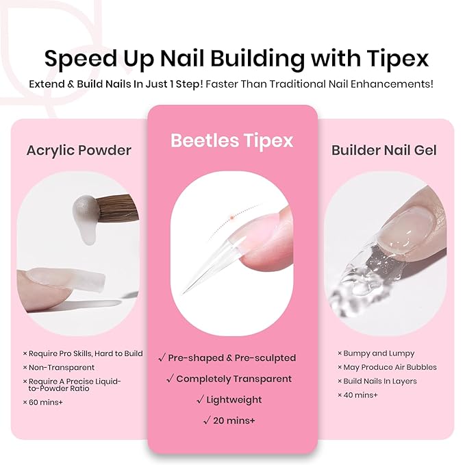 Beetles Tipex Instant Apex Nail Tips Kit, Stiletto Long, 224pcs 16 Sizes, with Tipex UV Nail Glue Mini Nail Lamp,Pre-Building Pre-Etched Strong Thicker Acrylic Nail Tips Set