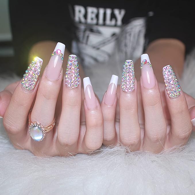 Yivaiks 24pcs Press on Nails Medium Length Coffin,Rhinestones Acrylic Fake Nails with glue kit，Glossy Crystal Ballerina Nails Press on， Stick On Nails for Women Girls