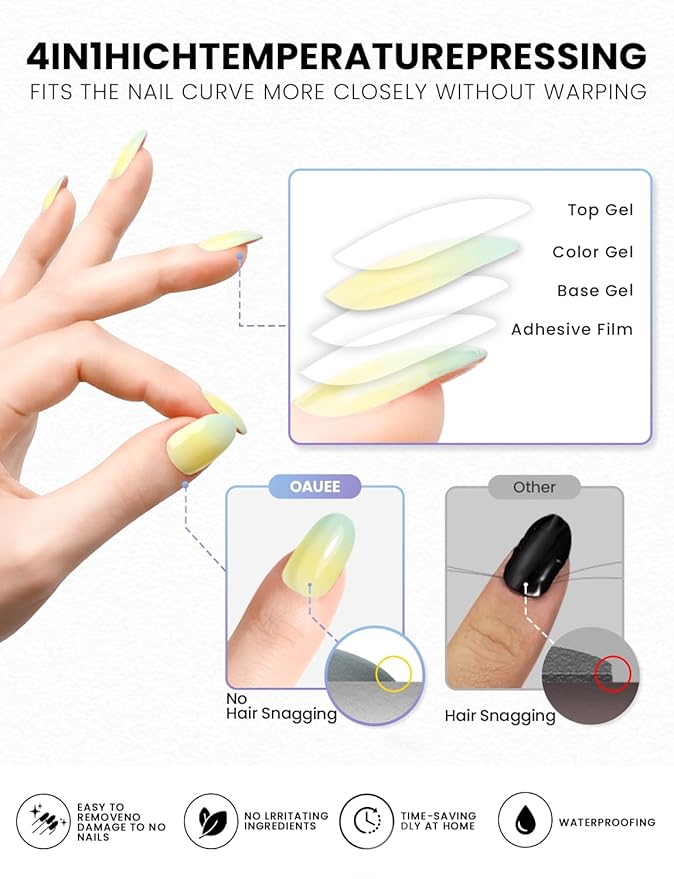 Semi Cured Gel Nail Strips | Built-In Gel Top Coat | UV Light Required | Salon Quality, Easy Application And Removal (Lemon Macaron）
