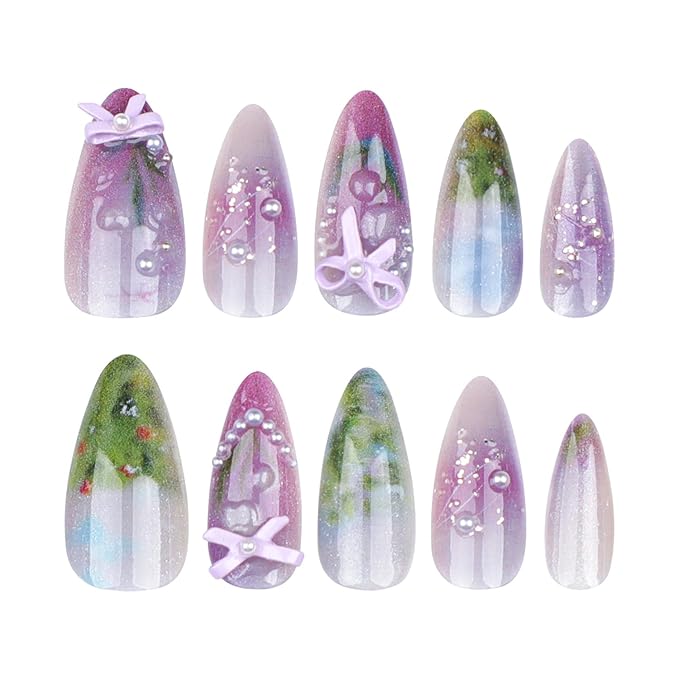 24Pcs Purple Press on Nails Medium Almond Fake Nails with 3D Bow Pearl Designs Glue on Nails Spring Summer Flower Acrylic Nails Cute Floral False Nails Full Cover Glitter Stick on Nails for Women