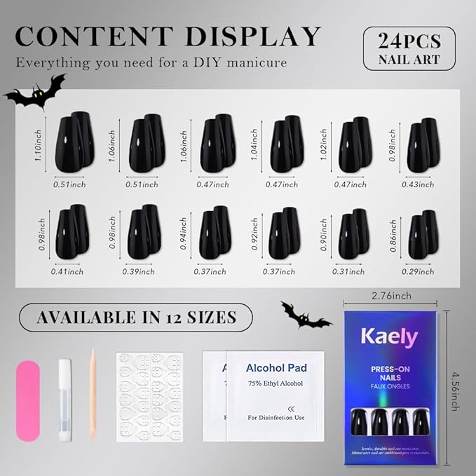 evpct Black Glossy Coffin Press on Nails Medium Square, Glossy Black Fake Nails False Nail Pure Color with Kit, Salon Quality Soft Gel Stick on Acrylic False Soft Nails Reusable Full Cover for Women