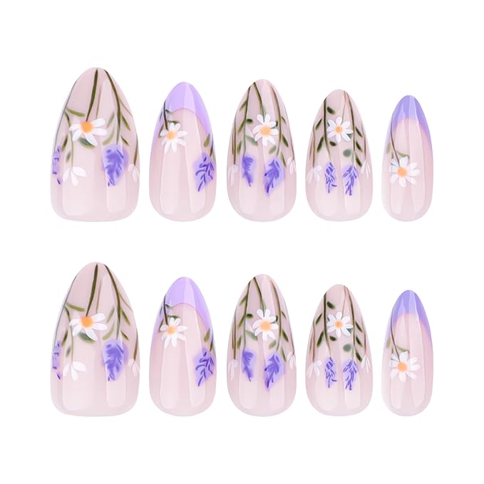 evpct Nude Pink Press on Nails Medium Almond with Lavender Flower Design, Full Cover Fake Nails Reusable Perfect Fit Nail Kit with Gel, Gel Stick on French Floral Nail for Women Manicure, 24Pcs