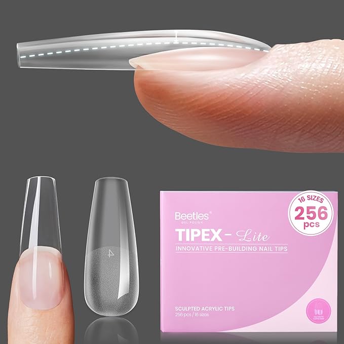 Beetles Tipex Lite Pre-Built Apex Gel Nail Tips, Coffin Long, 256pcs Value Pack, 16 Sizes, Flat-Nail Friendly Acrylic Tips for Natural Nail Beds, Easy for Beginner DIY