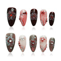 Handmade Floral Press on Nails - Medium Almond 3D Embossed Rhinestones & Red Ombre, Thick Acrylic Gel Nails for Parties, Valentine's Day (Evil Flower,M)