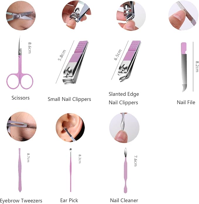Nail Clipper Set, 7PCS Manicure Set Fingernail Clippers Kit Fashion Color Purple Stainless Steel Pedicure and Manicure Kit with Purple PU Leather Case