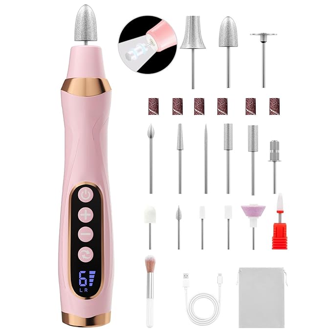 Cordless Nail Drill, Electric Nail File with 360° LED Light & LCD Display, Low Noise Electric Pedicure Tools for feet, Hand Foot Care Nail Drills for Thick Nail Toenail Cuticle Women Baby Pet