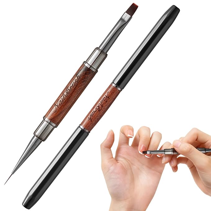 Acrylic Nail Brush,Double-ended Nail Brush French Tip Brush,Nail Art Painting Brush for Long Lines,Thin Details, Fine Drawing,Builder Gel,Polygel (Large rectangular round brush+5mm Line brush)